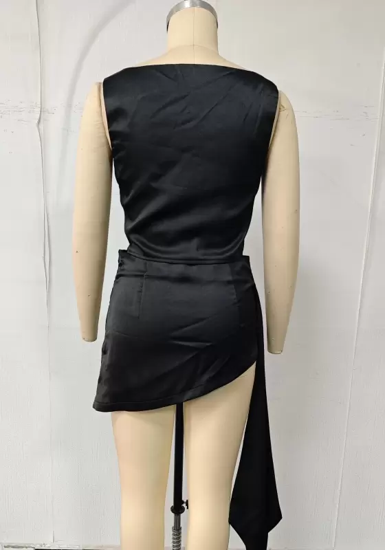 Satin Asymmetric Ruched Midi Dress - Sleeveless Square Neck Bodycon Dress for Women