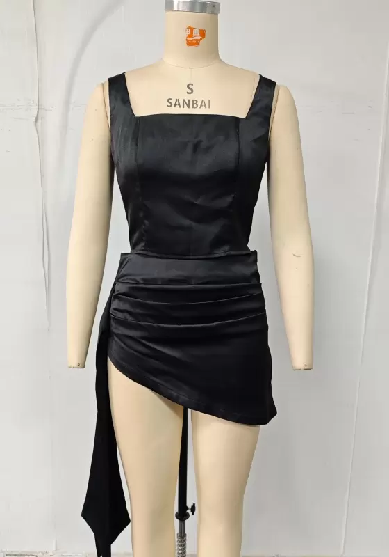 Satin Asymmetric Ruched Midi Dress - Sleeveless Square Neck Bodycon Dress for Women