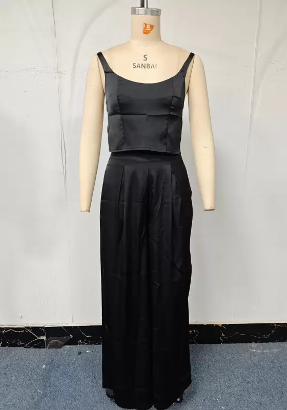 Satin Cami Crop Top & High-Waisted Wide-Leg Trouser Set