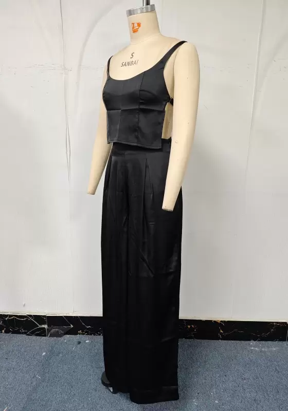 Satin Cami Crop Top & High-Waisted Wide-Leg Trouser Set