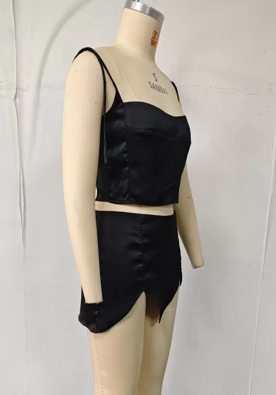 Satin Bandeau Crop Top & Asymmetric Ruched Mini Skirt Set