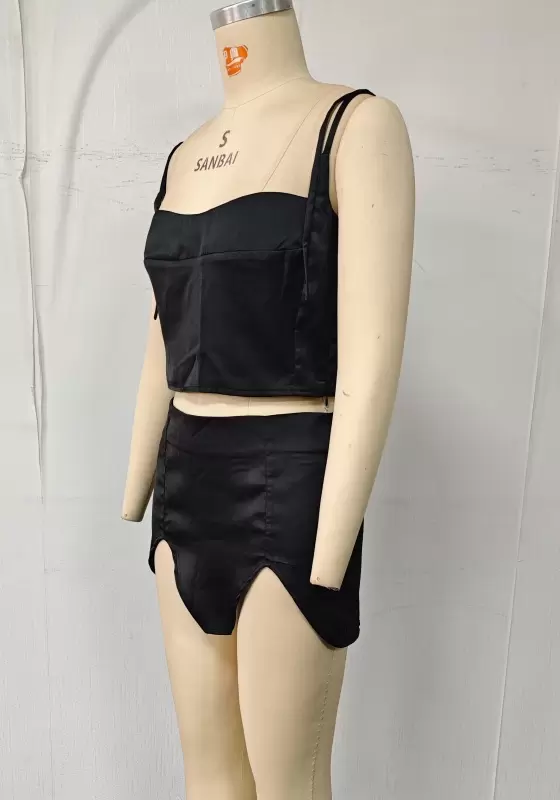 Satin Bandeau Crop Top & Asymmetric Ruched Mini Skirt Set