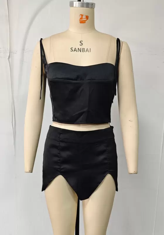 Satin Bandeau Crop Top & Asymmetric Ruched Mini Skirt Set