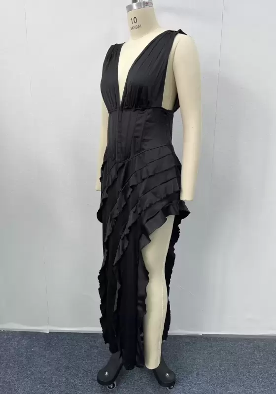 Women's Sleeveless V - Neck Corset Ruffled Tiered Maxi Dress for Formal Events & Evening Wear