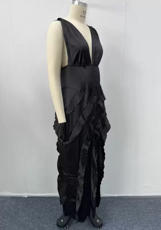 Women's Sleeveless V - Neck Corset Ruffled Tiered Maxi Dress for Formal Events & Evening Wear