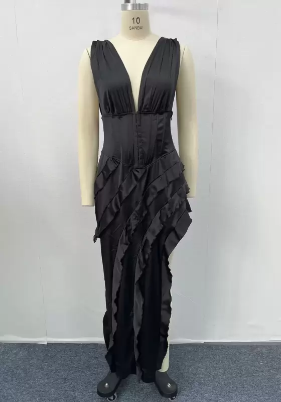 Women's Sleeveless V - Neck Corset Ruffled Tiered Maxi Dress for Formal Events & Evening Wear
