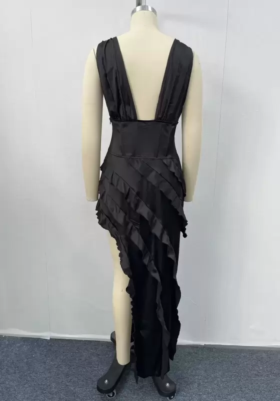 Women's Sleeveless V - Neck Corset Ruffled Tiered Maxi Dress for Formal Events & Evening Wear