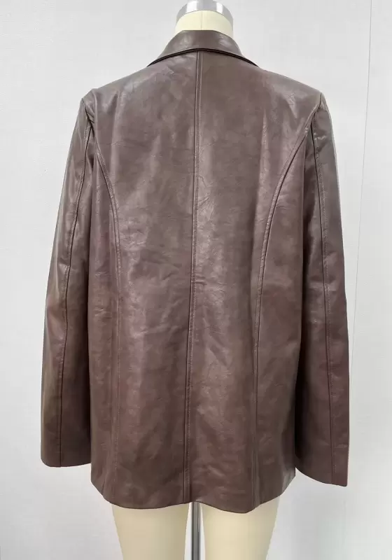 Women's Leather Blazer Jacket - Vintage - Style Brown Faux Leather Long