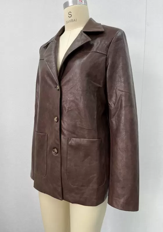 Women's Leather Blazer Jacket - Vintage - Style Brown Faux Leather Long