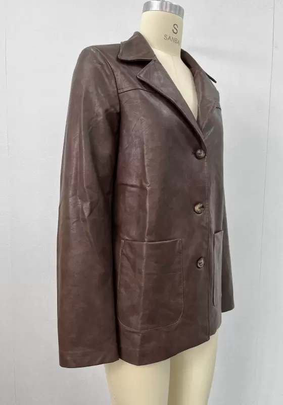 Women's Leather Blazer Jacket - Vintage - Style Brown Faux Leather Long
