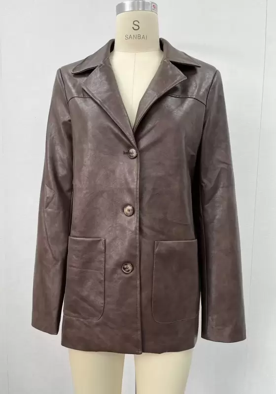 Women's Leather Blazer Jacket - Vintage - Style Brown Faux Leather Long