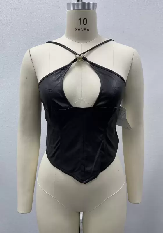 Women's Halter Neck Leather Crop Top - Cut Out Front Crisscross