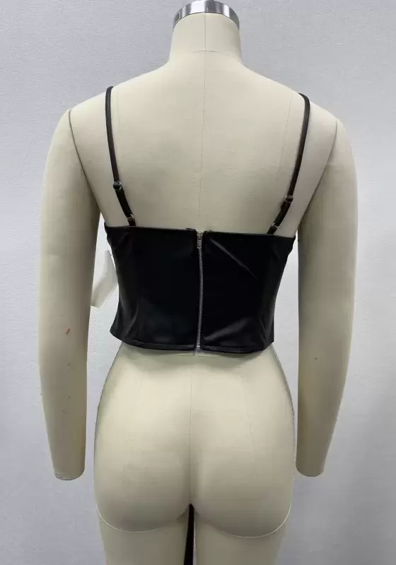 Women's Halter Neck Leather Crop Top - Cut Out Front Crisscross