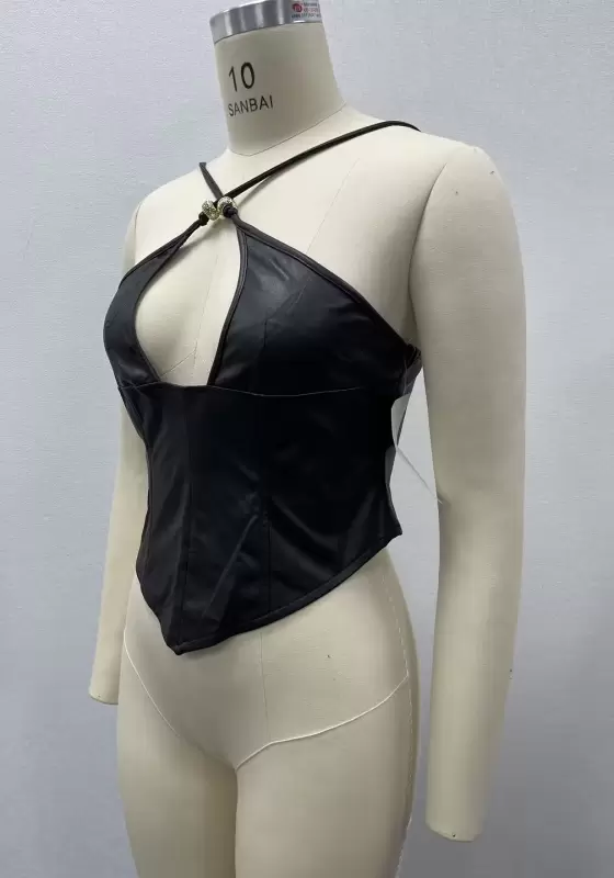 Women's Halter Neck Leather Crop Top - Cut Out Front Crisscross