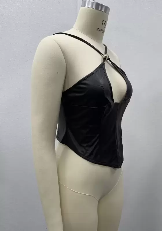 Women's Halter Neck Leather Crop Top - Cut Out Front Crisscross