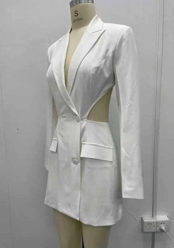 Women's White Double Breasted Blazer Dress with Side Cut Out - Office Chic & Y2K Minimalist Style