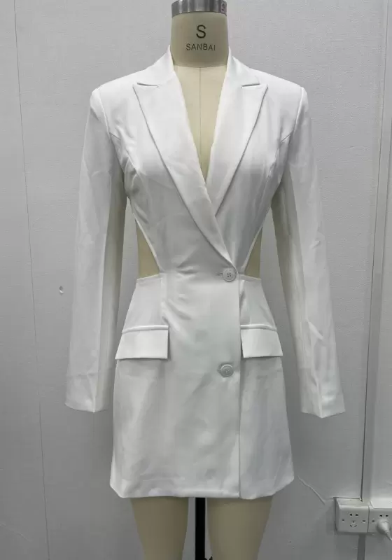 Women's White Double Breasted Blazer Dress with Side Cut Out - Office Chic & Y2K Minimalist Style