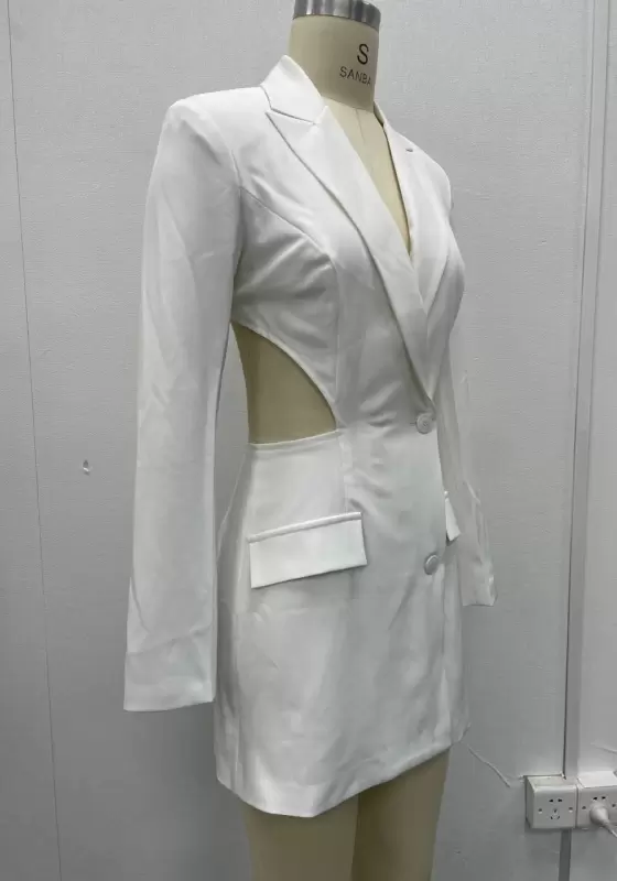 Women's White Double Breasted Blazer Dress with Side Cut Out - Office Chic & Y2K Minimalist Style