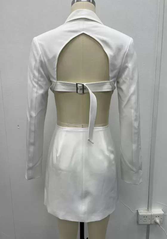 Women's White Double Breasted Blazer Dress with Side Cut Out - Office Chic & Y2K Minimalist Style