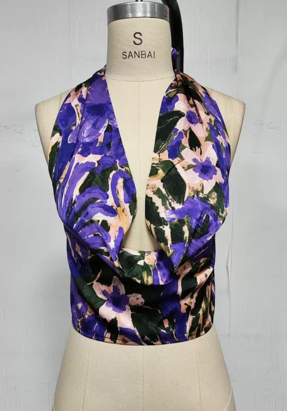 Women&rsquo;s Halter Neck Deep V Floral Crop Top | Vacation & Party Wear, Backless Slimming Blouse
