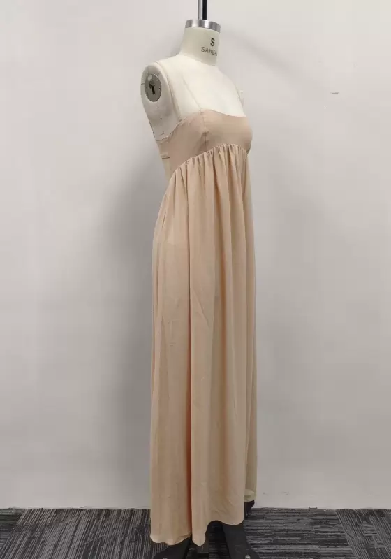 Women Beige Square Neck Empire Waist Backless Maxi Dress