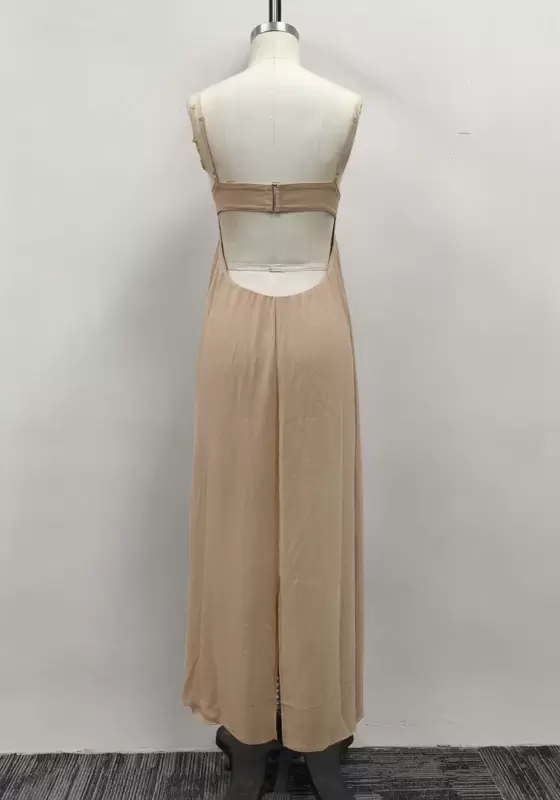 Women Beige Square Neck Empire Waist Backless Maxi Dress