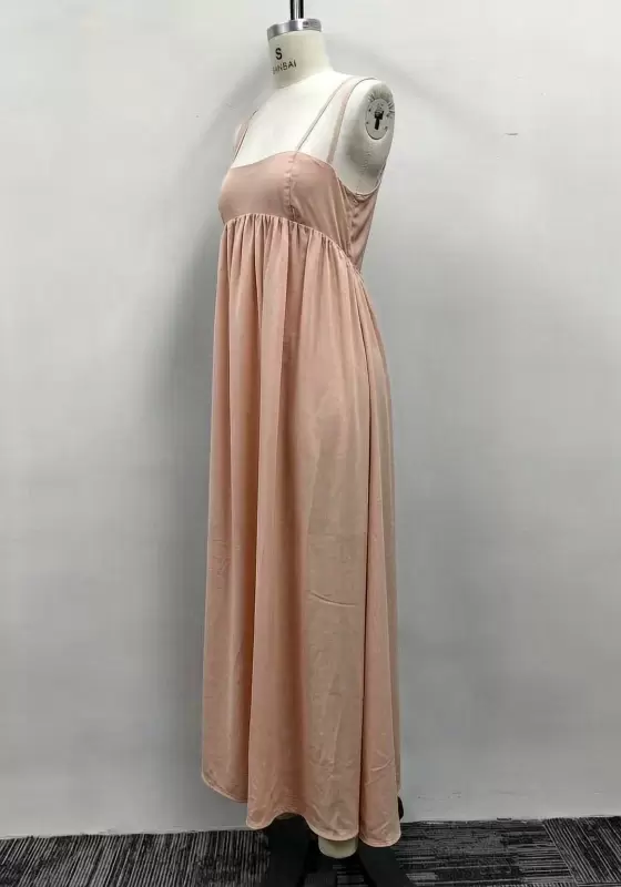 Women Beige Square Neck Empire Waist Backless Maxi Dress