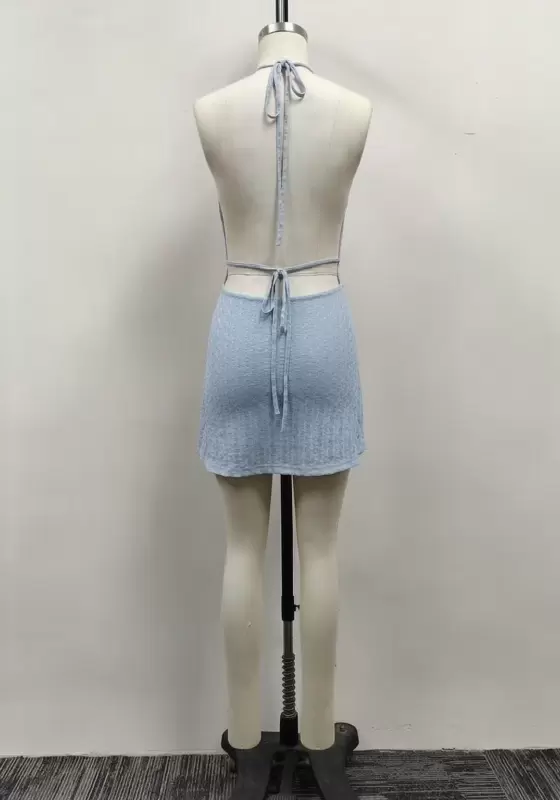 Women Light Blue Textured Halter Plunging V-Neck Wrap Tie Mini Dress