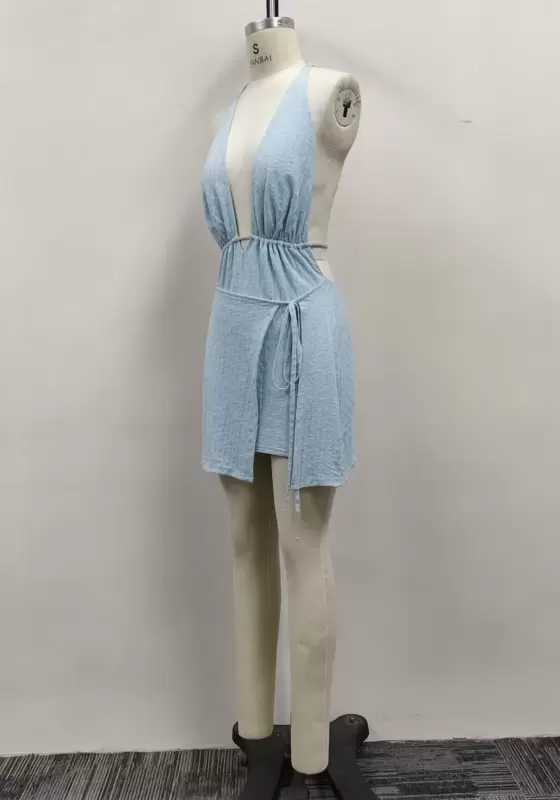 Women Light Blue Textured Halter Plunging V-Neck Wrap Tie Mini Dress