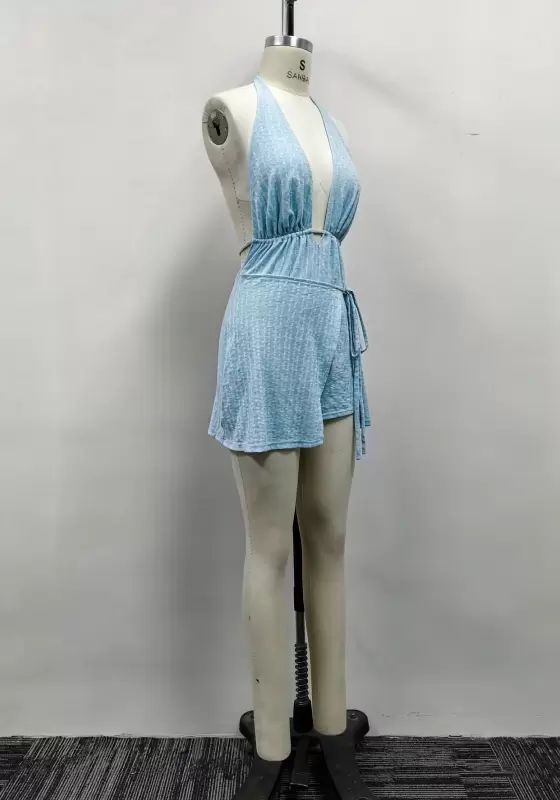 Women Light Blue Textured Halter Plunging V-Neck Wrap Tie Mini Dress