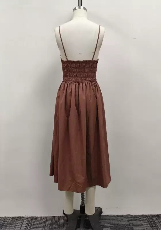 Women Brown Square Neck Smocked Bodice Spaghetti Strap Midi Dress