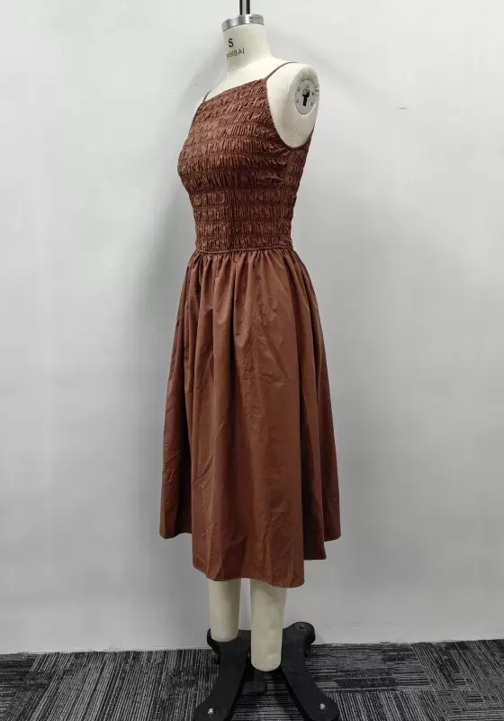 Women Brown Square Neck Smocked Bodice Spaghetti Strap Midi Dress