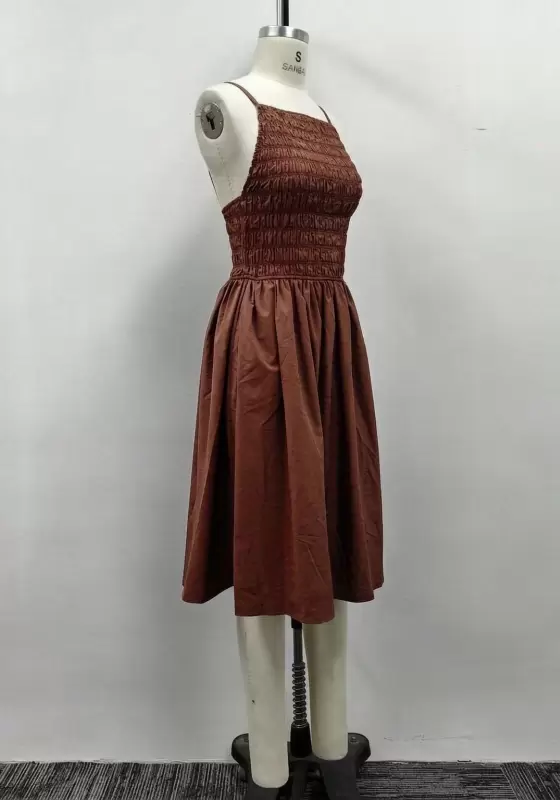 Women Brown Square Neck Smocked Bodice Spaghetti Strap Midi Dress