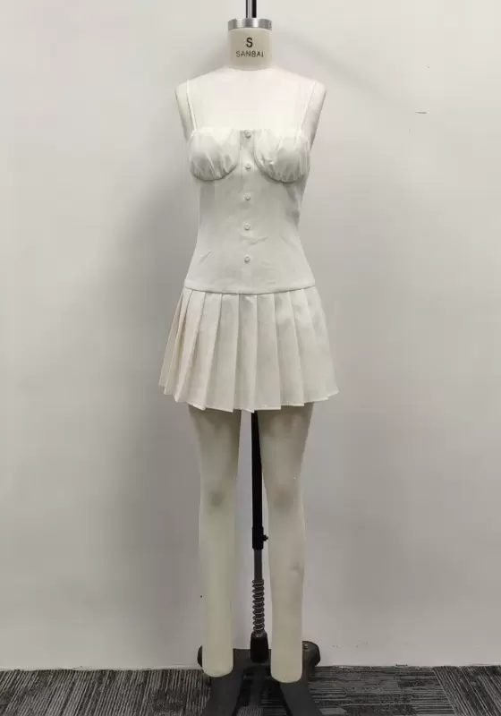 Women Off-White Corset Bustier Button-Front Pleated Mini Dress