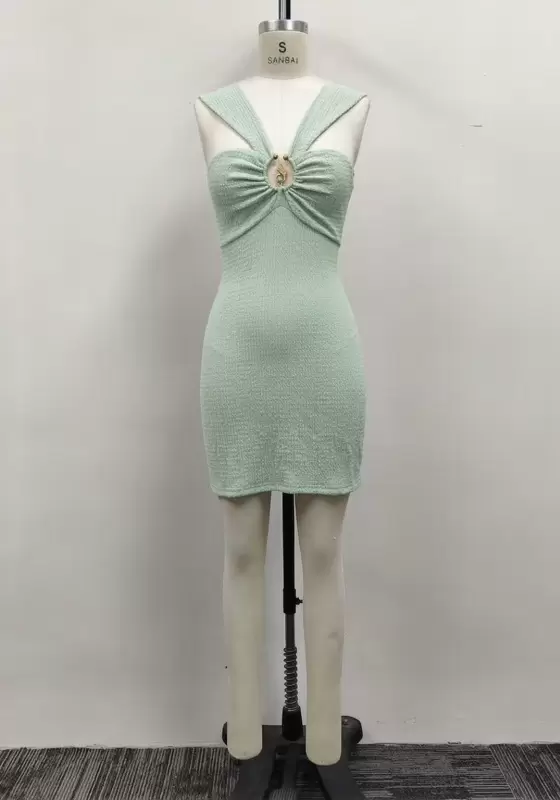 Women Light Green Textured Metal Ring Cutout Backless Bodycon Mini Dress