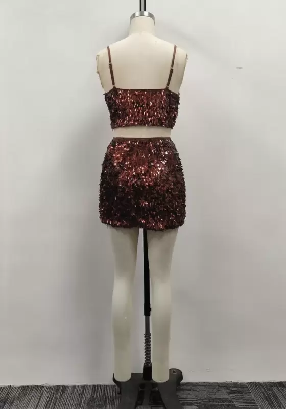 Women Brown Fringe Sequin Camisole Crop Top and Mini Skirt Two-Piece Set