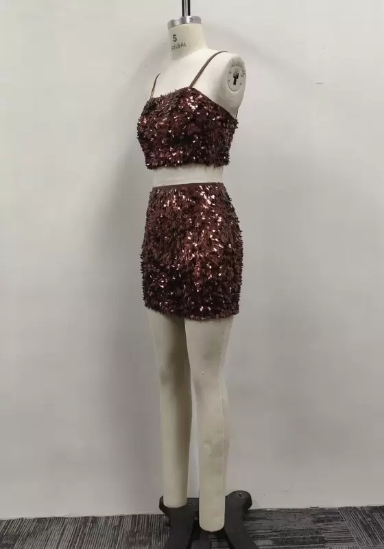 Women Brown Fringe Sequin Camisole Crop Top and Mini Skirt Two-Piece Set