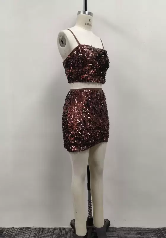 Women Brown Fringe Sequin Camisole Crop Top and Mini Skirt Two-Piece Set