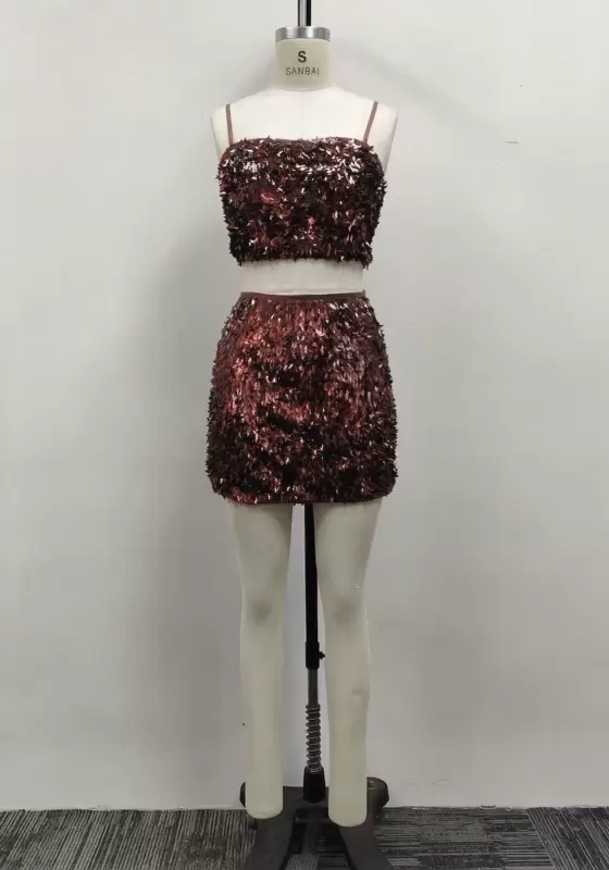 Women Brown Fringe Sequin Camisole Crop Top and Mini Skirt Two-Piece Set