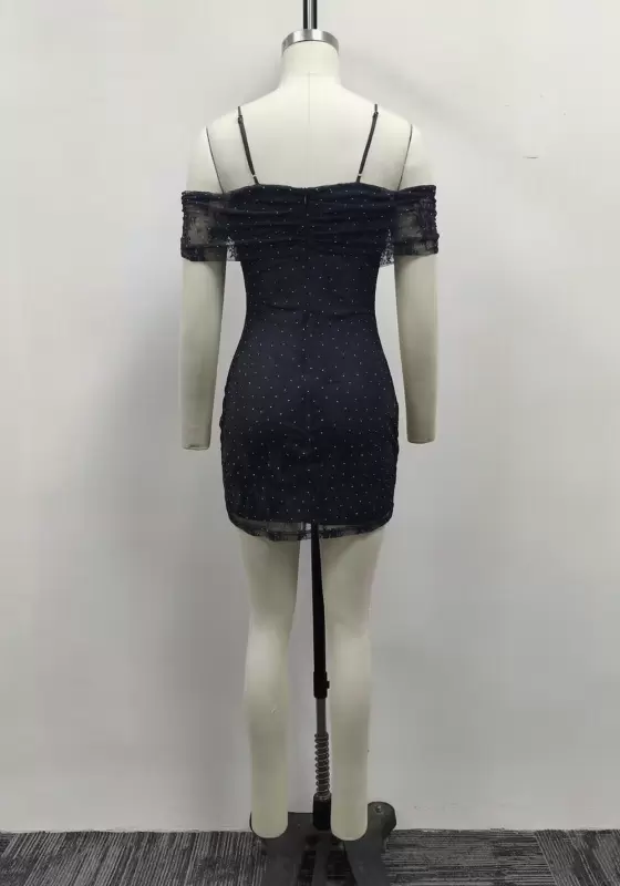 Women Black Rhinestone Mesh Off-the-Shoulder Ruched Bodycon Mini Dress