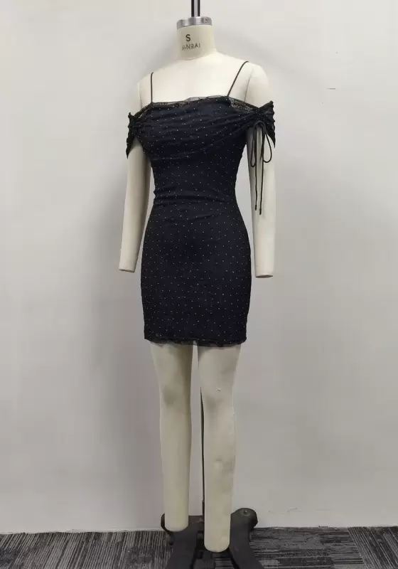 Women Black Rhinestone Mesh Off-the-Shoulder Ruched Bodycon Mini Dress