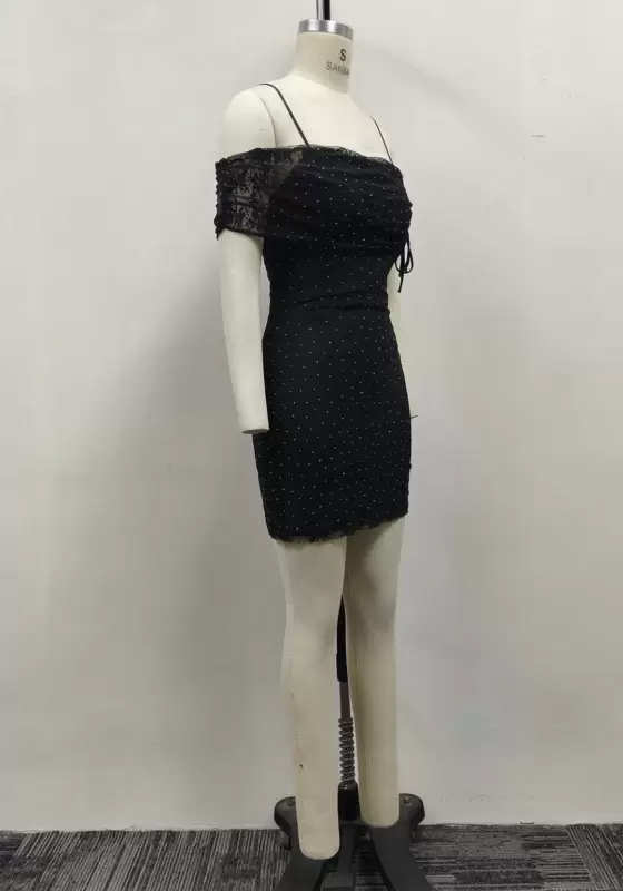 Women Black Rhinestone Mesh Off-the-Shoulder Ruched Bodycon Mini Dress