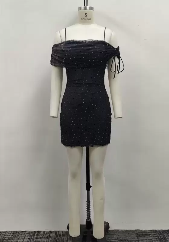 Women Black Rhinestone Mesh Off-the-Shoulder Ruched Bodycon Mini Dress